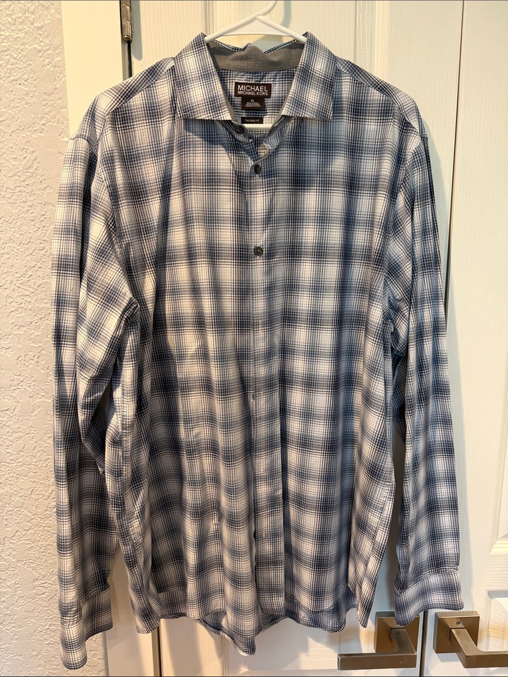 Michael Kors Men’s Gray and White Plaid Button-Down Shirt